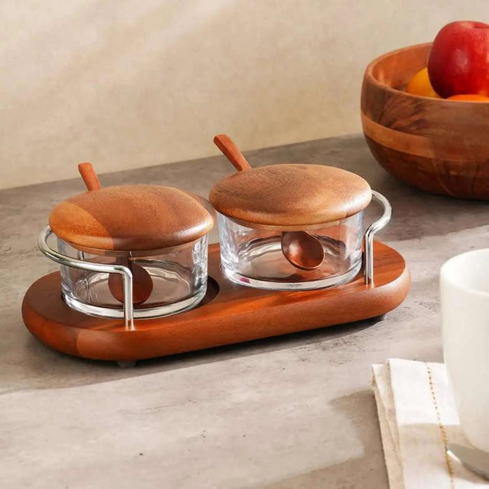 Billi 2-Piece Glass Condiment Jar Set W/Lid & Spoon & Stand 28X16X10.5Cm - Natural