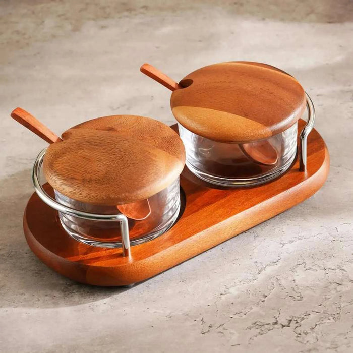 Billi 2-Piece Glass Condiment Jar Set W/Lid & Spoon & Stand 28X16X10.5Cm - Natural