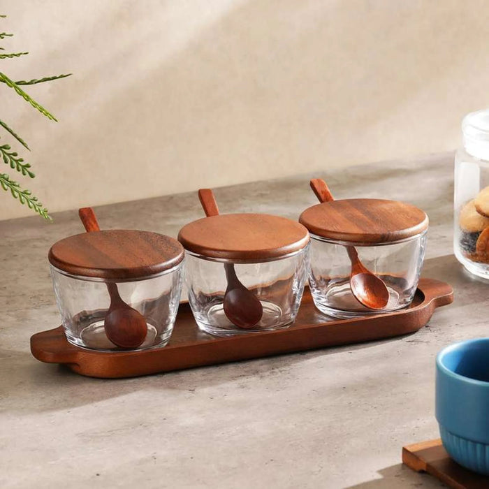 Billi 3-Piece Glass Condiment Set W/ Wooden Tray & Lid & Spoon 33.8X10X8.3Cm - Natural