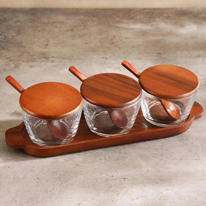 Billi 3-Piece Glass Condiment Set W/ Wooden Tray & Lid & Spoon 33.8X10X8.3Cm - Natural