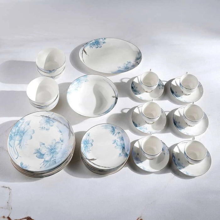 Blossomy 32-Piece New Bone China Dinner Set -White & Blue