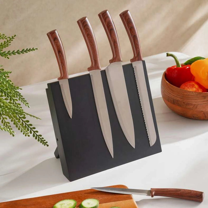 Bradan 5-Piece Knife With Wooden Block Set -Chrome