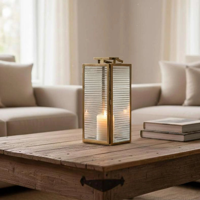 Brian Metal And Ribbed Glass Lantern 15X14X30Cm -  Gold