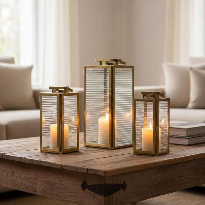 Brian Metal And Ribbed Glass Lantern 15X14X30Cm -  Gold