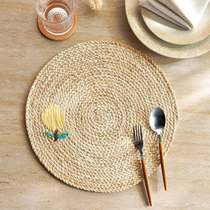 Caliente Lemon Embroidered Woven Placemat 38Cm Round - Natural