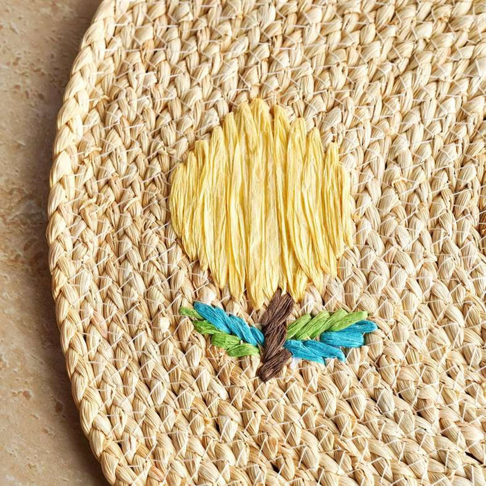 Caliente Lemon Embroidered Woven Placemat 38Cm Round - Natural