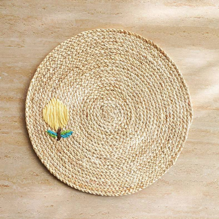 Caliente Lemon Embroidered Woven Placemat 38Cm Round - Natural