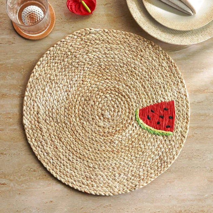 Caliente Watermelon Embroidered Woven Placemat 38Cm Round - Natural