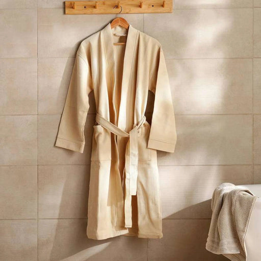 Caspian Waffle Texture Bathrobe S/M - Beige Pan Home
