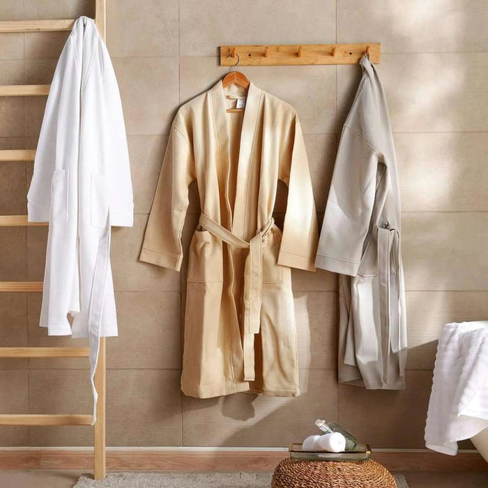 Caspian Waffle Texture Bathrobe S/M - Beige Pan Home