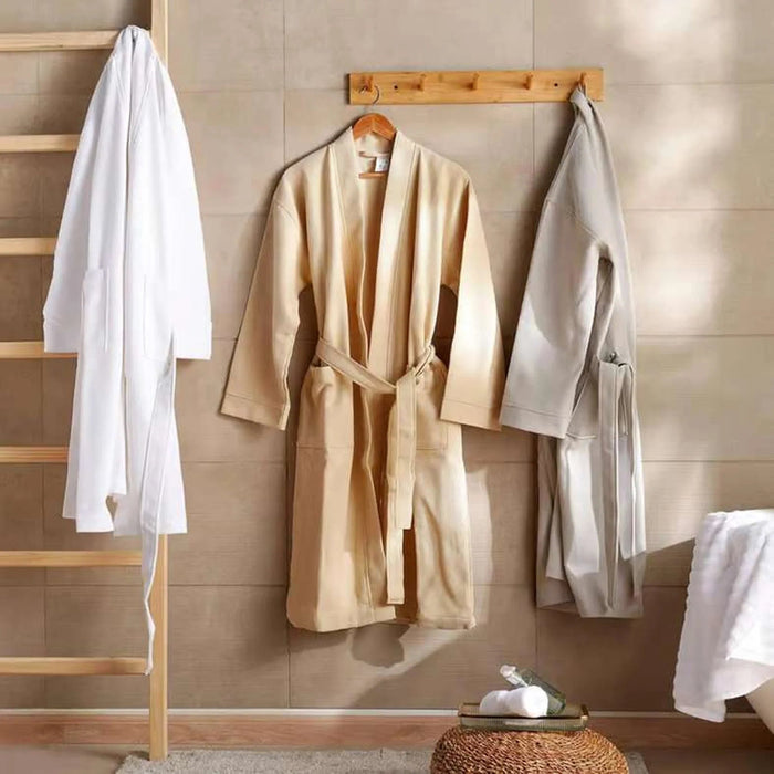 Caspian Waffle Texture Bathrobe S/M - Beige Pan Home