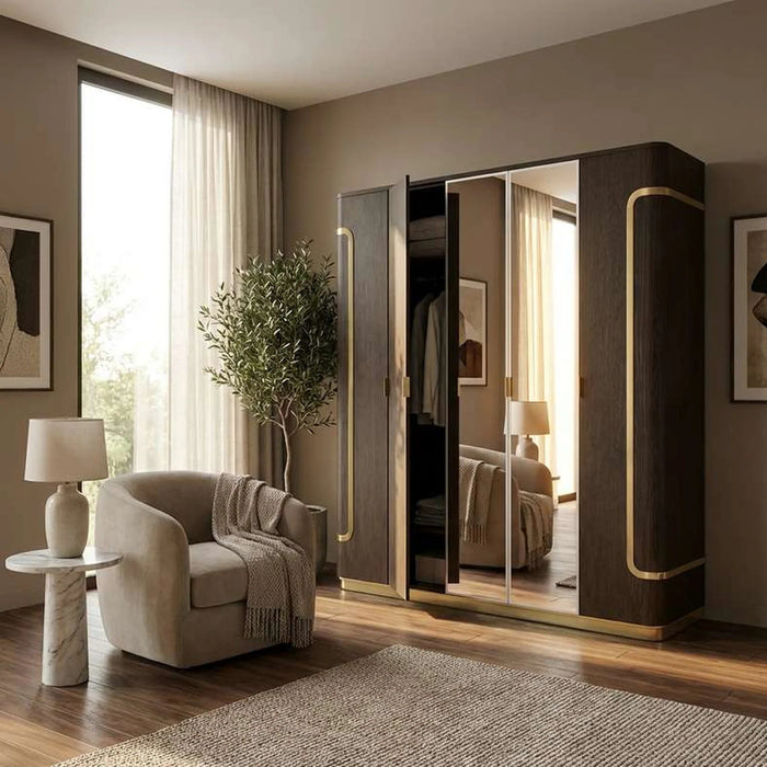 Chandni 6 Door Wardrobe - Brown & Gold Pan Home