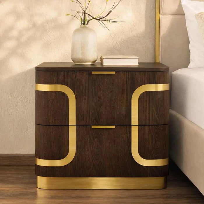 Chandni Night Stand With 2 Drawer - Brown & Gold
