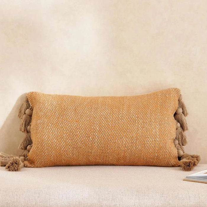 Chunky Linen Oblong Tasseled Down Feel Filled Cushion 30X50Cm - Ochre Pan Home