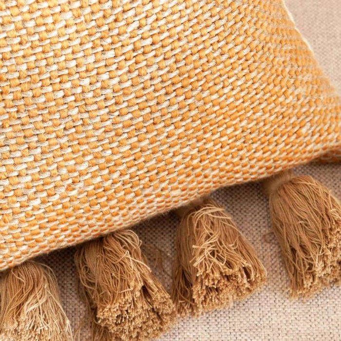 Chunky Linen Oblong Tasseled Down Feel Filled Cushion 30X50Cm - Ochre Pan Home