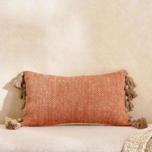 Chunky Linen Oblong Tasseled Down Feel Filled Cushion 30X50Cm - Rust Pan Home