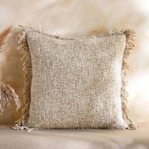 Cozy Linen Textured Down Feel Fringed Filled Cushion 50X50Cm -Beige Pan Home