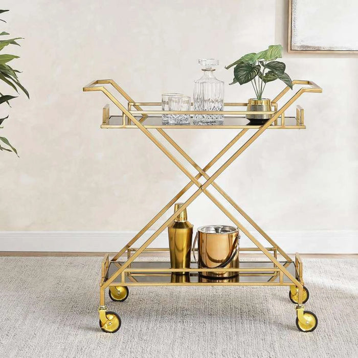 Crescent Serving Trolley 2 Tier Tempered Glass - Black & Gold