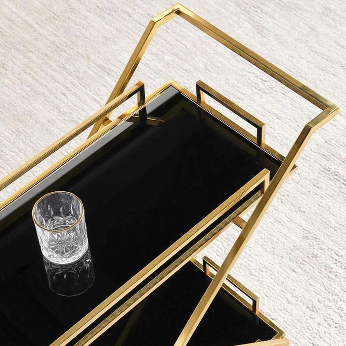 Crescent Serving Trolley 2 Tier Tempered Glass - Black & Gold