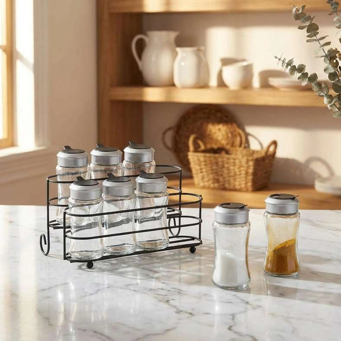 Derya 8-Piece Glass Spice Jar With Metal Stand - Clear