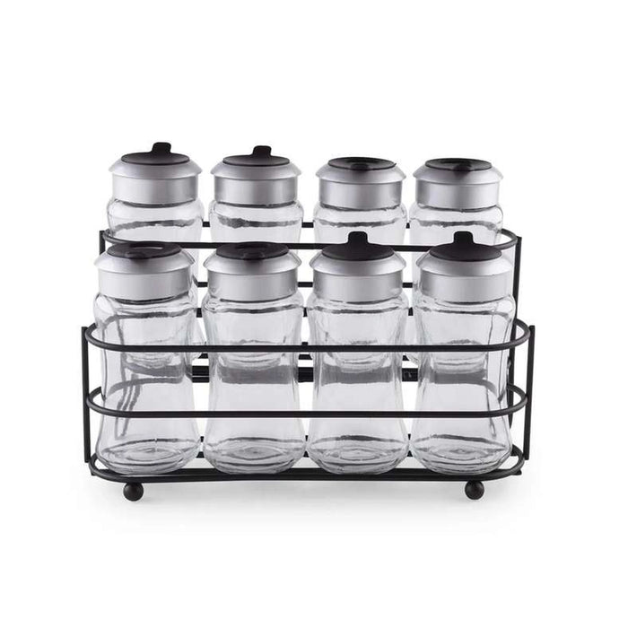 Derya 8-Piece Glass Spice Jar With Metal Stand - Clear