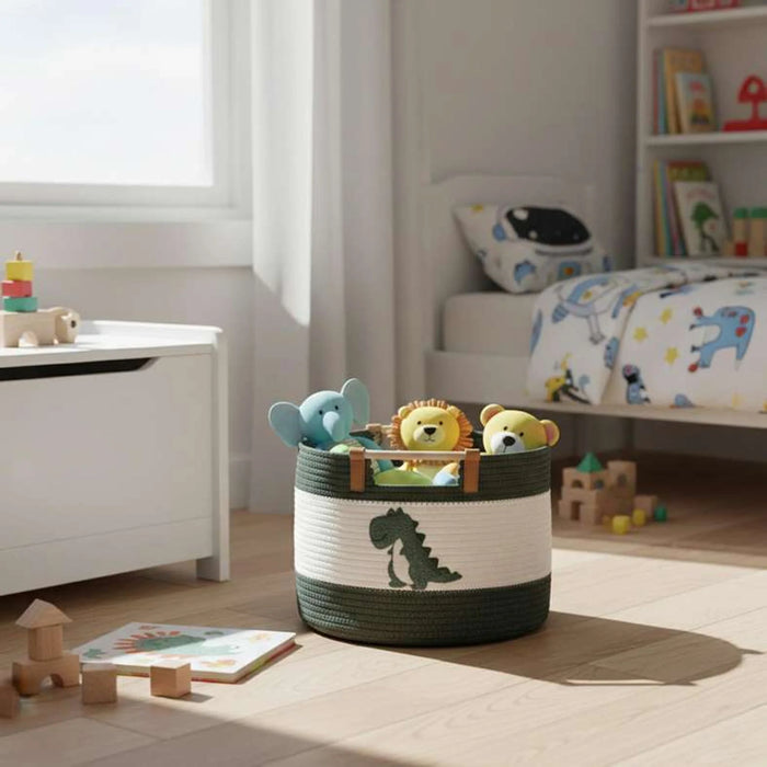 Dino Squad Cotton Rope Storage Basket With Wooden Handle 40X40X26Cm - White /Green