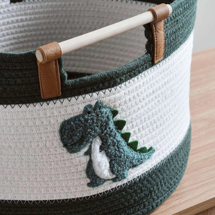 Dino Squad Cotton Rope Storage Basket With Wooden Handle 40X40X26Cm - White /Green