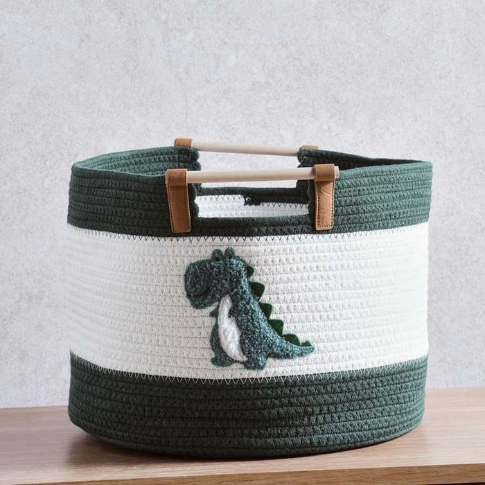 Dino Squad Cotton Rope Storage Basket With Wooden Handle 40X40X26Cm - White /Green