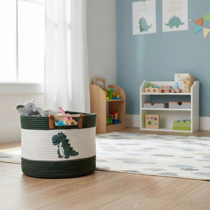 Dino Squad Rope Storage Basket With Wooden Handle 36X36X25Cm - White/Green