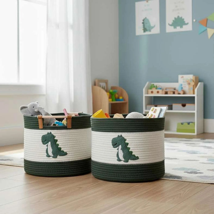 Dino Squad Rope Storage Basket With Wooden Handle 36X36X25Cm - White/Green