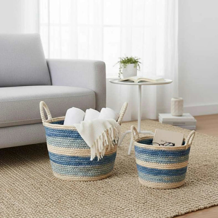 Domino Stripe Basket 23.5X21.5Cm - Blue Pan Home
