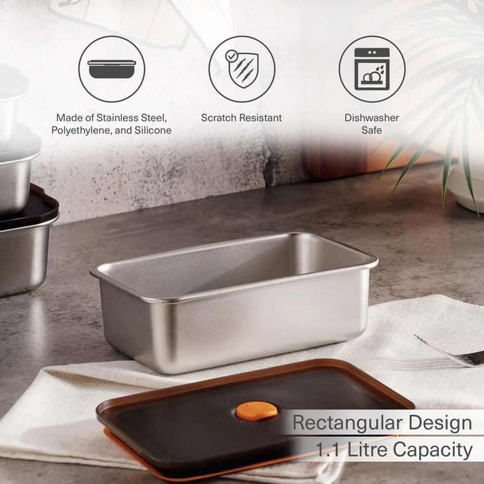 Edzel Stainless Steel Rectangular Lunch Box 1.1L -Chrome