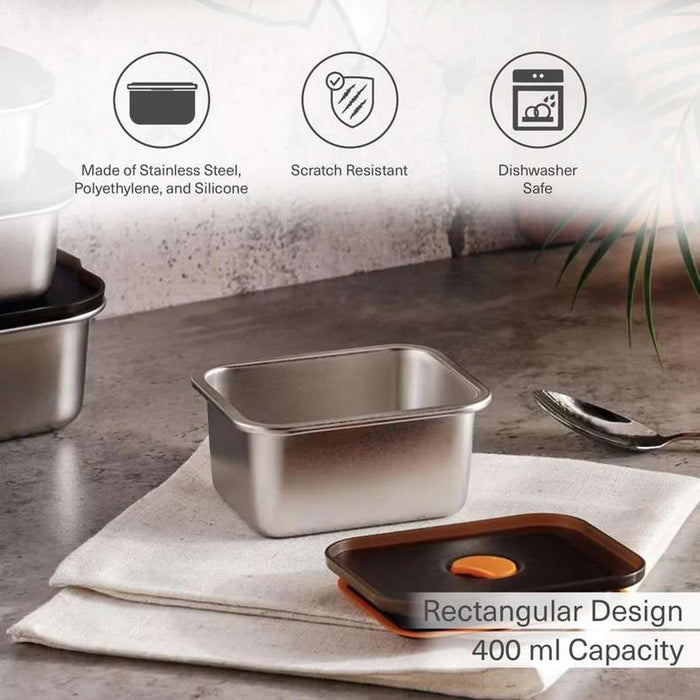 Edzel Stainless Steel Rectangular Lunch Box 400Ml -Chrome