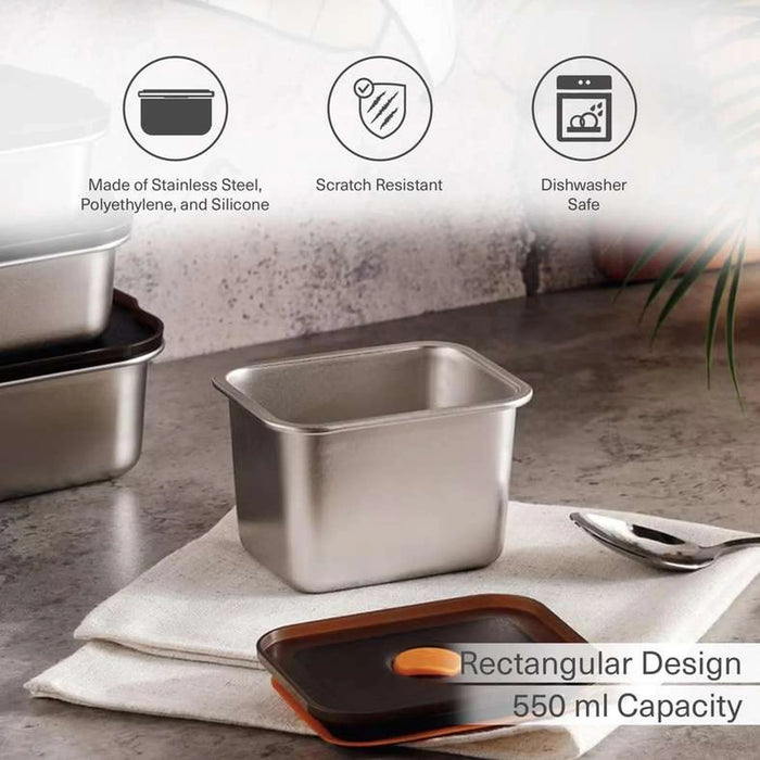 Edzel .Stainless Steel Rectangular Lunch Box 550Ml -Chrome
