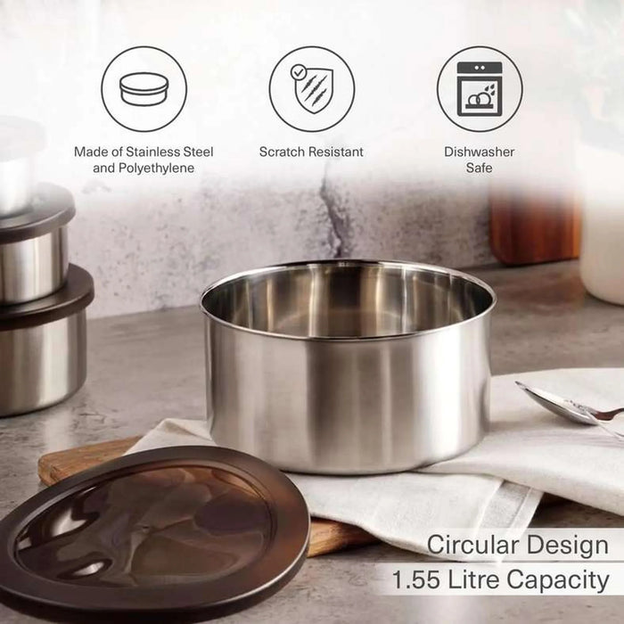 Edzel Stainless Steel Round Lunch Box 1.55L -Chrome