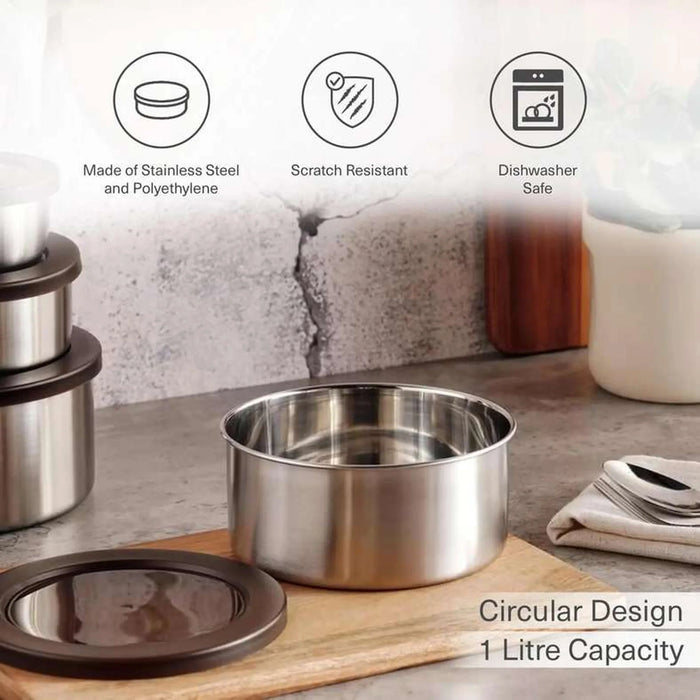 Edzel Stainless Steel Round Lunch Box 1L -Chrome