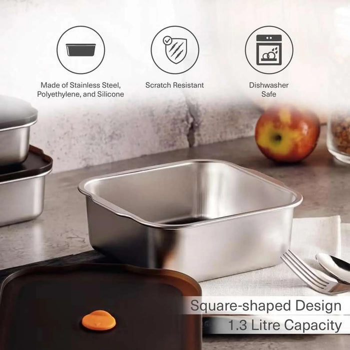 Edzel Stainless Steel Square Lunch Box 1.3L -Chrome