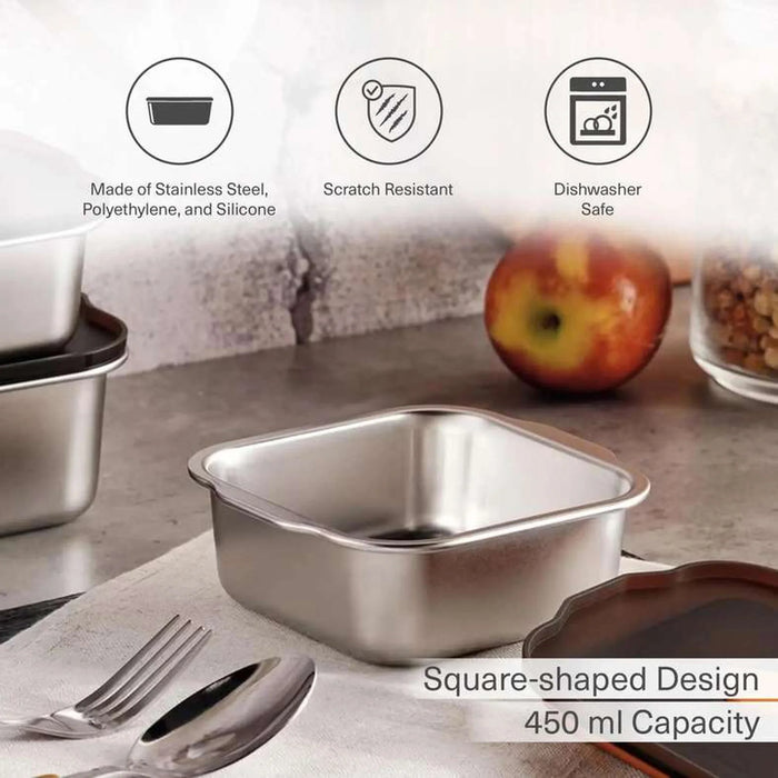 Edzel Stainless Steel Square Lunch Box 450Ml -Chrome