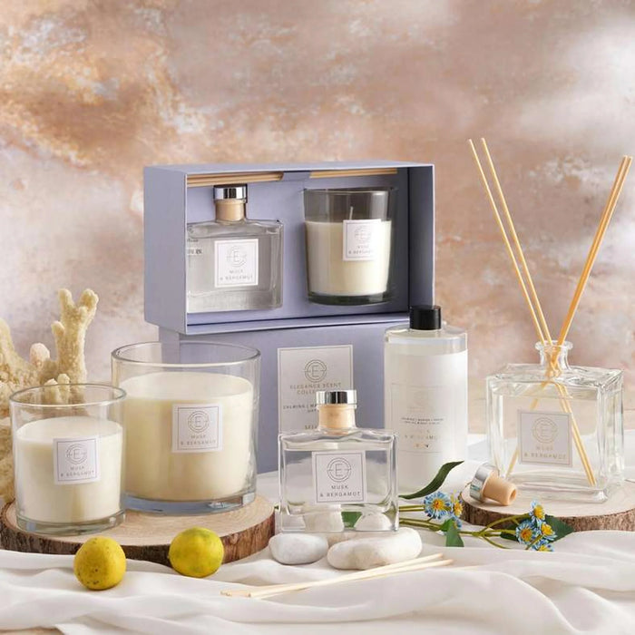 Elegance Musk Bergamot 100Ml Diffuser And 255Gm Candle Gift Set - Blue
