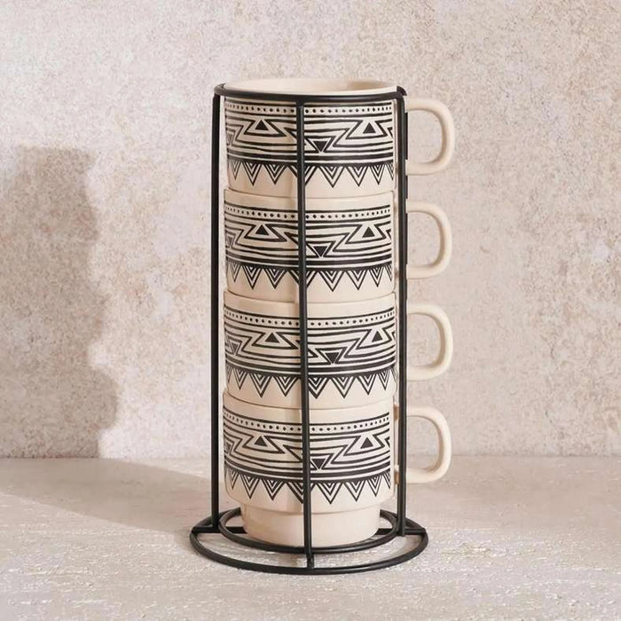 Eleni Ethnic 4-Piece Mug Set With Stand 300Ml -Black & Beige
