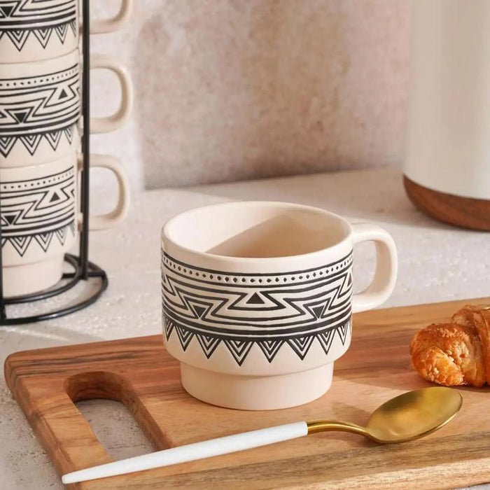 Eleni Ethnic 4-Piece Mug Set With Stand 300Ml -Black & Beige