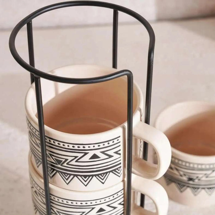 Eleni Ethnic 4-Piece Mug Set With Stand 300Ml -Black & Beige