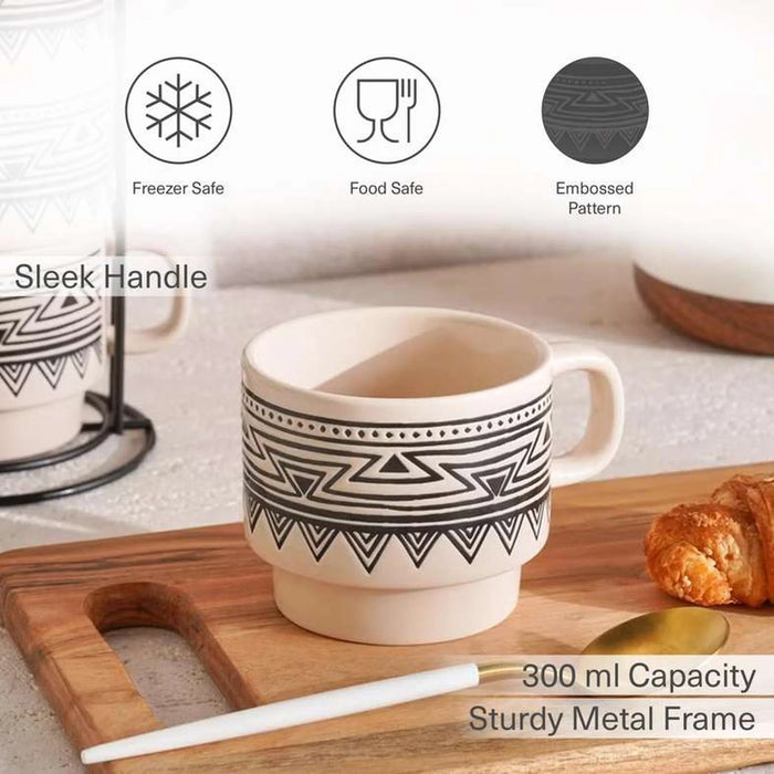 Eleni Ethnic 4-Piece Mug Set With Stand 300Ml -Black & Beige