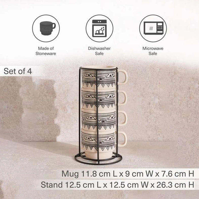 Eleni Ethnic 4-Piece Mug Set With Stand 300Ml -Black & Beige