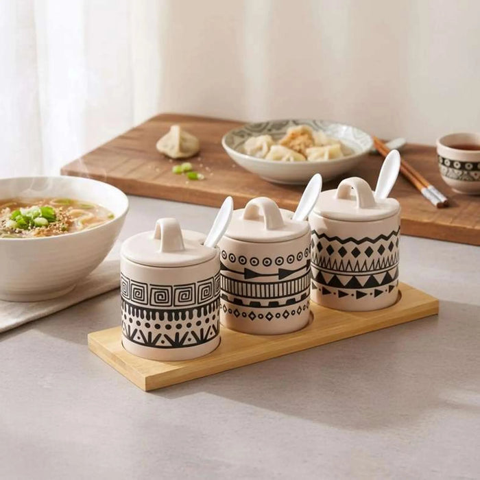 Eleni Ethnic 6-Piece Condiment Serving Set With Wooden Tray 210Ml -Black & Beige