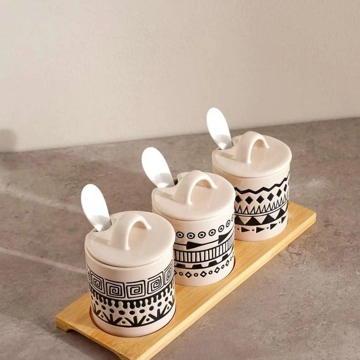 Eleni Ethnic 6-Piece Condiment Serving Set With Wooden Tray 210Ml -Black & Beige