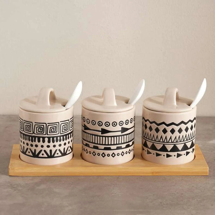 Eleni Ethnic 6-Piece Condiment Serving Set With Wooden Tray 210Ml -Black & Beige