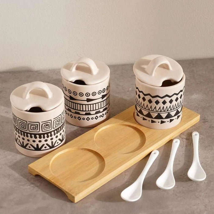 Eleni Ethnic 6-Piece Condiment Serving Set With Wooden Tray 210Ml -Black & Beige