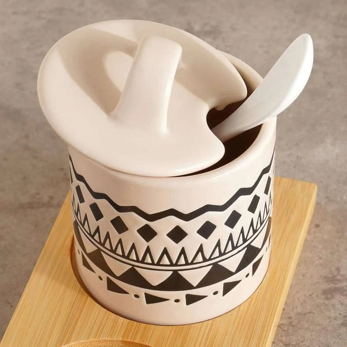 Eleni Ethnic 6-Piece Condiment Serving Set With Wooden Tray 210Ml -Black & Beige