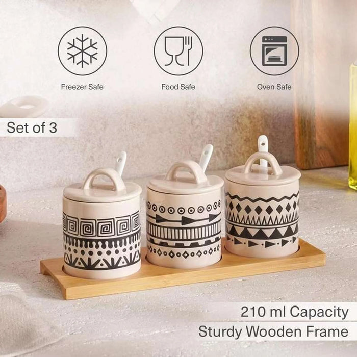 Eleni Ethnic 6-Piece Condiment Serving Set With Wooden Tray 210Ml -Black & Beige